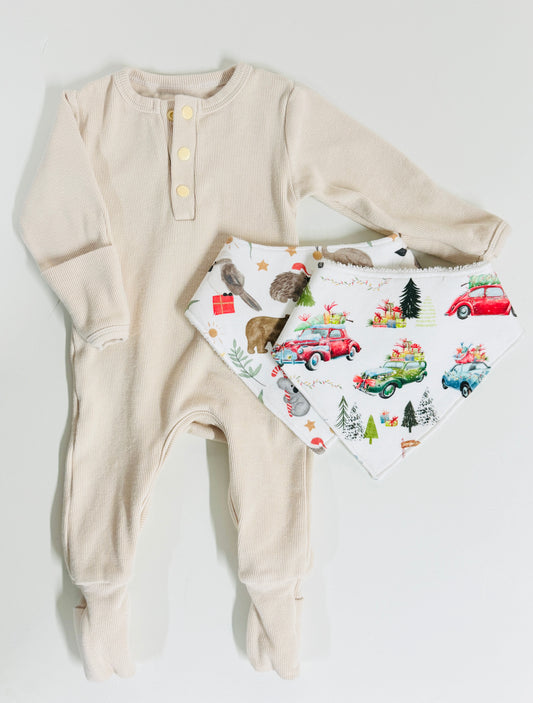 Ribbed Jumpsuit & Bandana Bib Set Christmas Edition